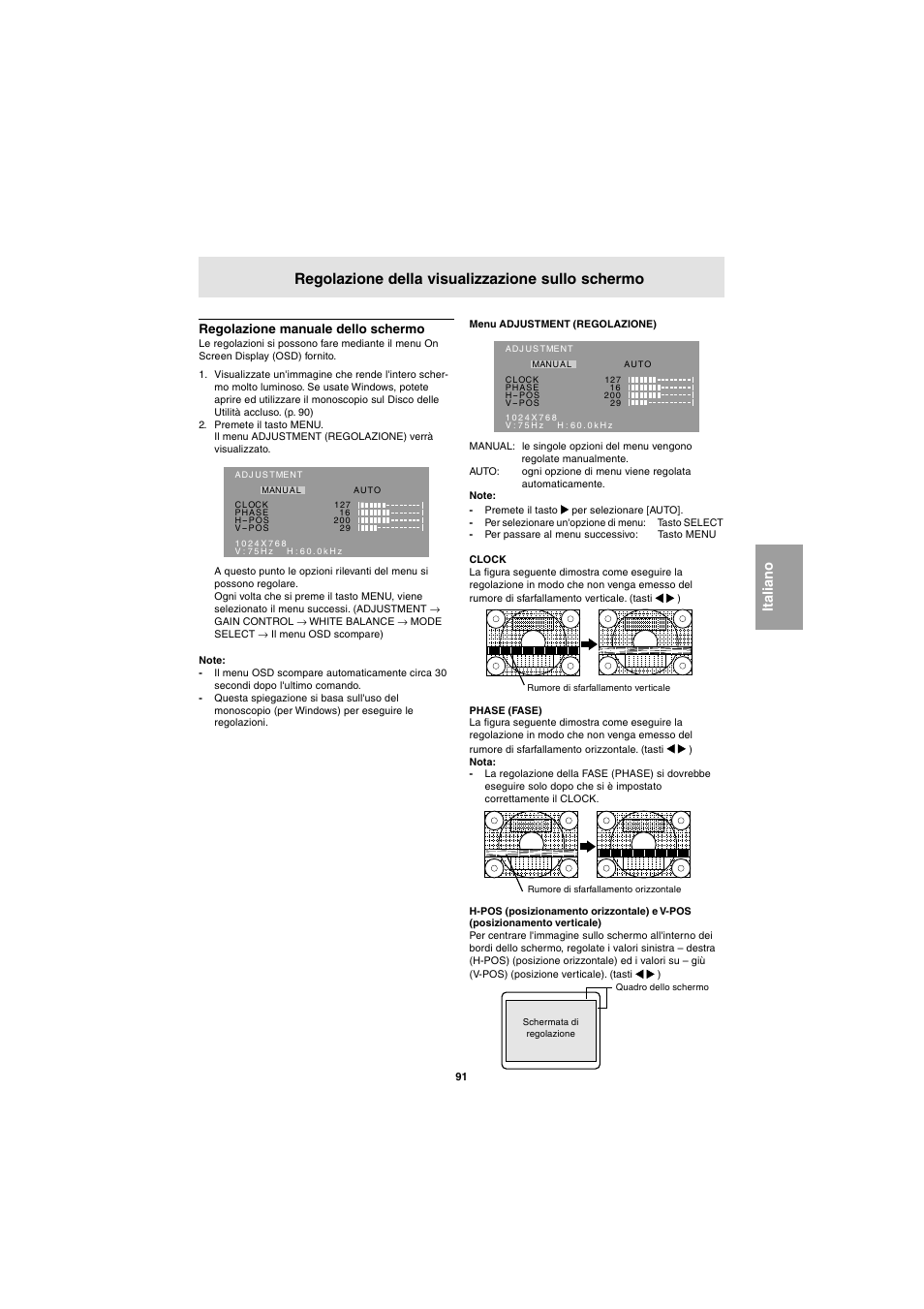 Regolazione della visualizzazione sullo schermo | Sharp LL-E15G1 User Manual | Page 91 / 148