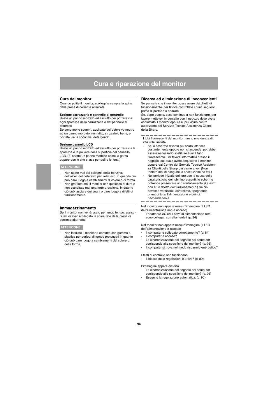 Cura e riparazione del monitor | Sharp LL-E15G1 User Manual | Page 94 / 148