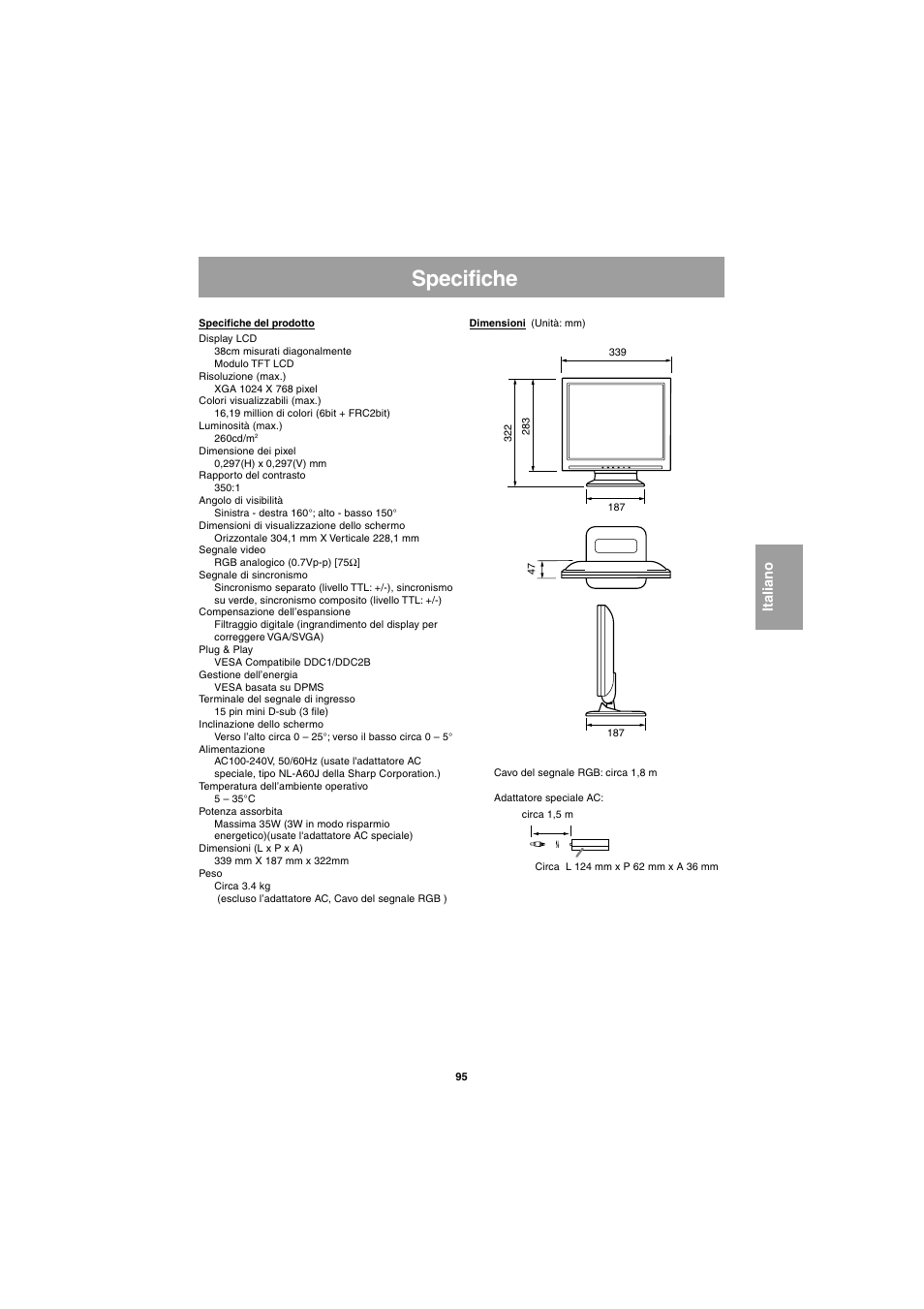 Specifiche | Sharp LL-E15G1 User Manual | Page 95 / 148