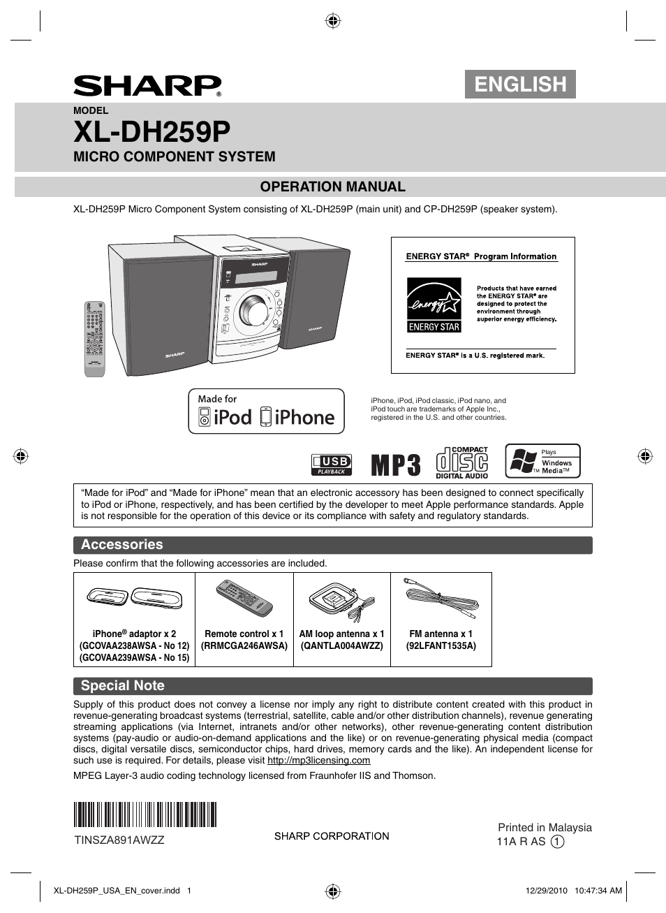 Sharp XLDH259P User Manual | 16 pages