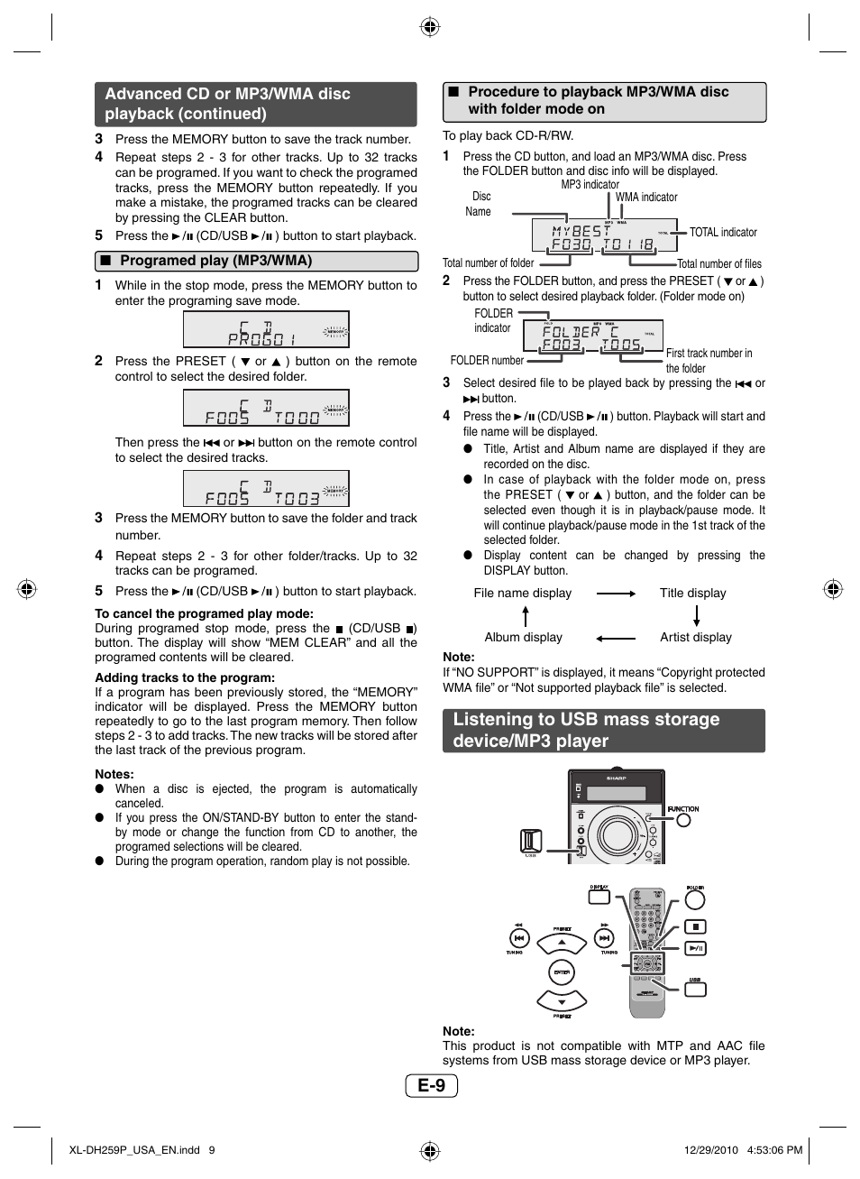 Programed play (mp3/wma), Listening to usb mass storage device/mp3 player, Advanced cd or mp3/wma disc playback (continued) | Sharp XLDH259P User Manual | Page 10 / 16