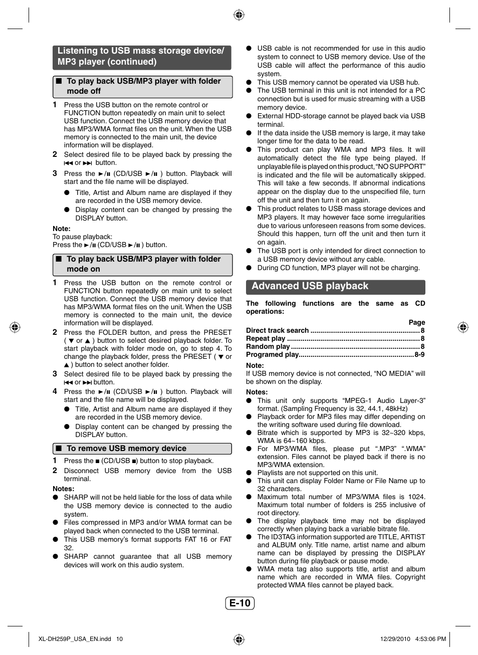 To play back usb/mp3 player with folder mode off, To play back usb/mp3 player with folder mode on, To remove usb memory device | Advanced usb playback, E-10 advanced usb playback | Sharp XLDH259P User Manual | Page 11 / 16