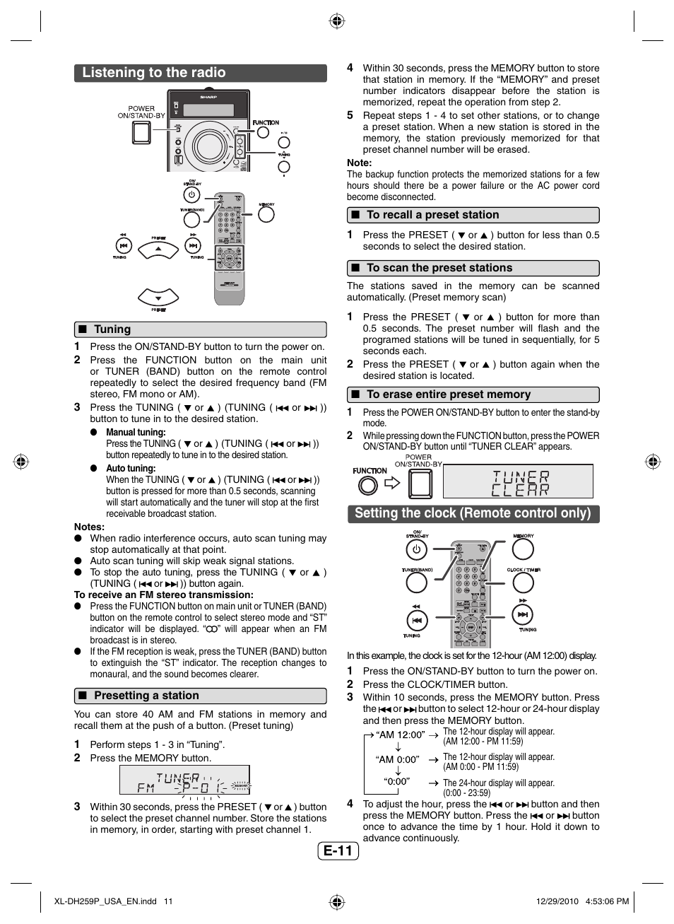 Listening to the radio, Tuning, Presetting a station | To recall a preset station, To scan the preset stations, To erase entire preset memory, Setting the clock (remote control only), E-11 | Sharp XLDH259P User Manual | Page 12 / 16