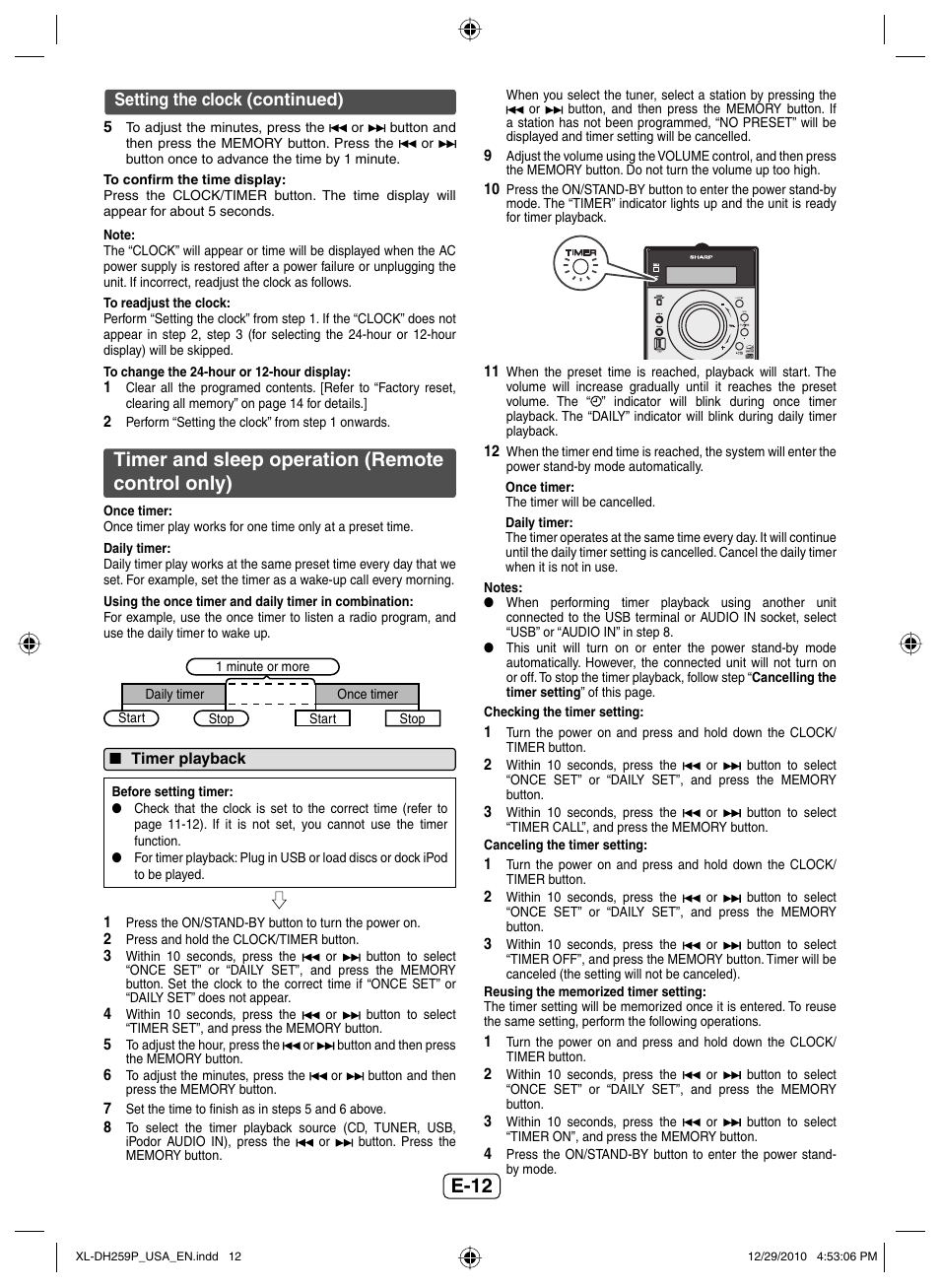 Timer and sleep operation (remote control only), Timer playback, E-12 | Setting the clock (continued) | Sharp XLDH259P User Manual | Page 13 / 16