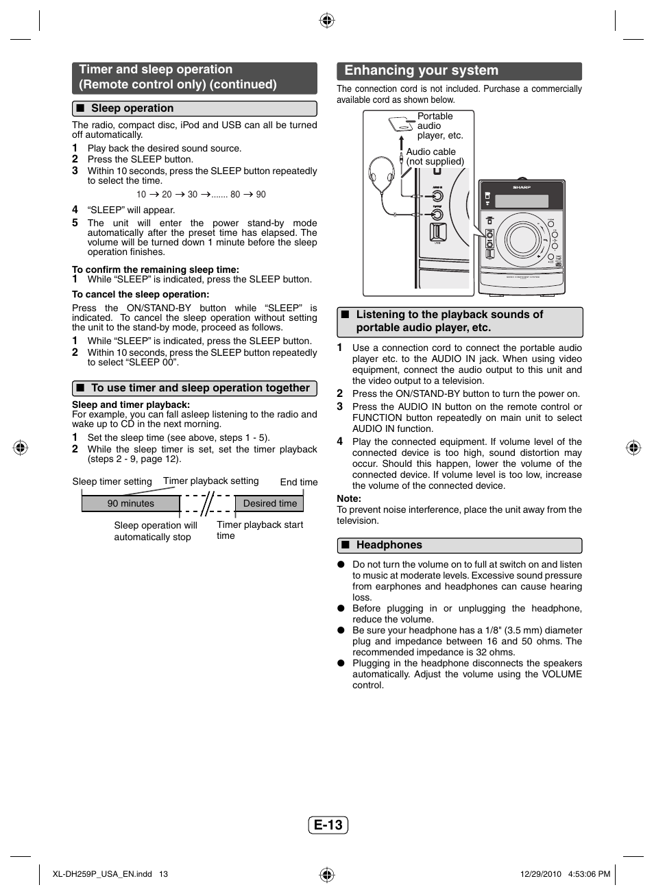 Sleep operation, To use timer and sleep operation together, Enhancing your system | Headphones, E-13 | Sharp XLDH259P User Manual | Page 14 / 16