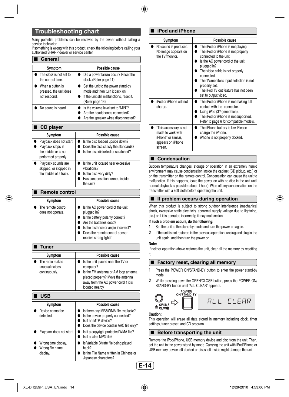 Troubleshooting chart, General, Cd player | Remote control, Tuner, Ipod and iphone, Condensation, If problem occurs during operation, Factory reset, clearing all memory, Before transporting the unit | Sharp XLDH259P User Manual | Page 15 / 16