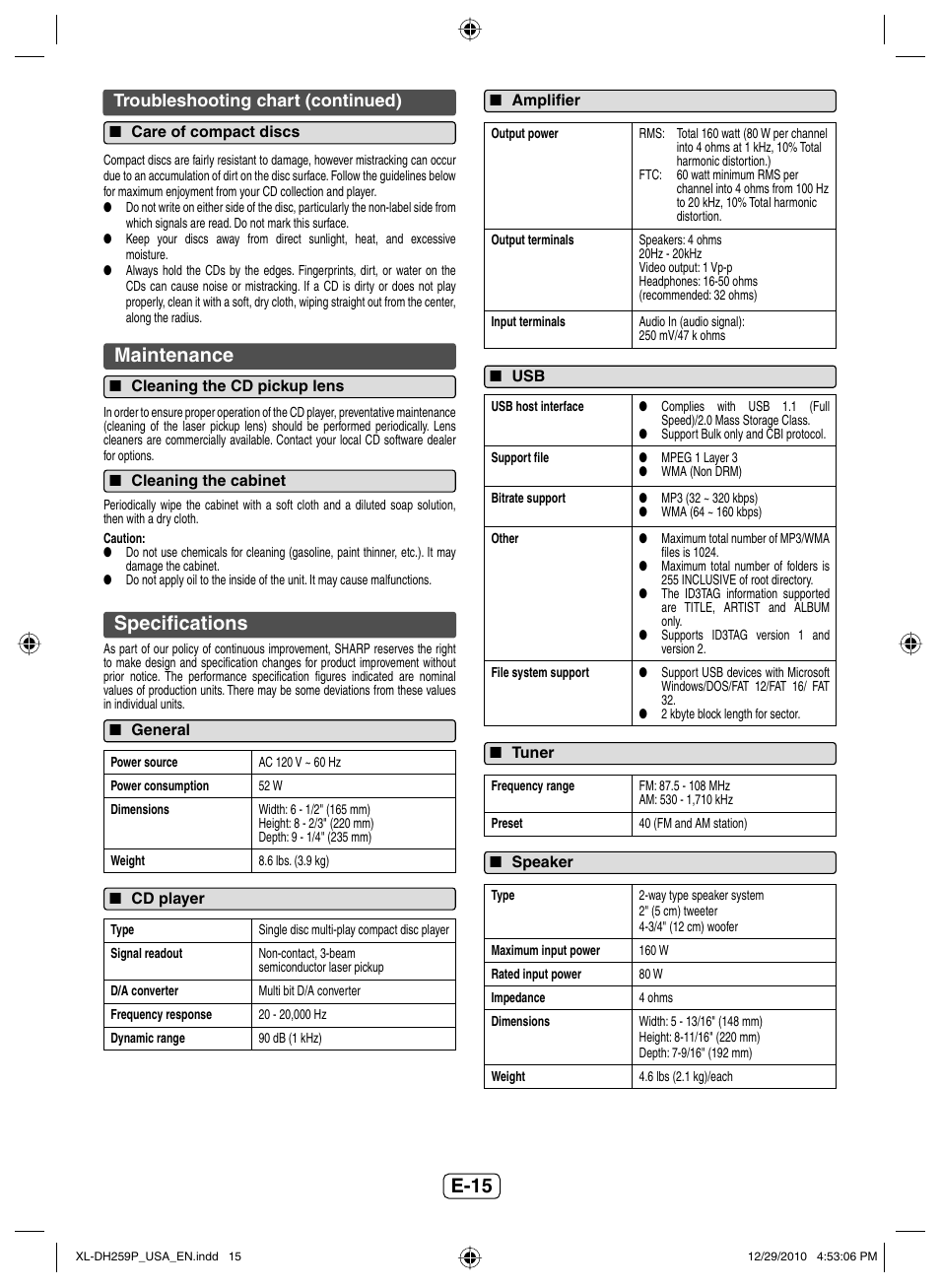 Care of compact discs, Maintenance, Cleaning the cd pickup lens | Cleaning the cabinet, Specifications, General, Cd player, Amplifier, Tuner, Speaker | Sharp XLDH259P User Manual | Page 16 / 16