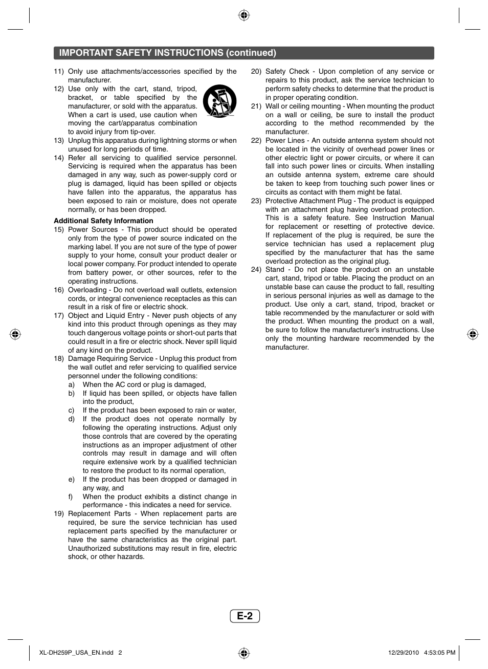 Important safety instructions (continued) | Sharp XLDH259P User Manual | Page 3 / 16