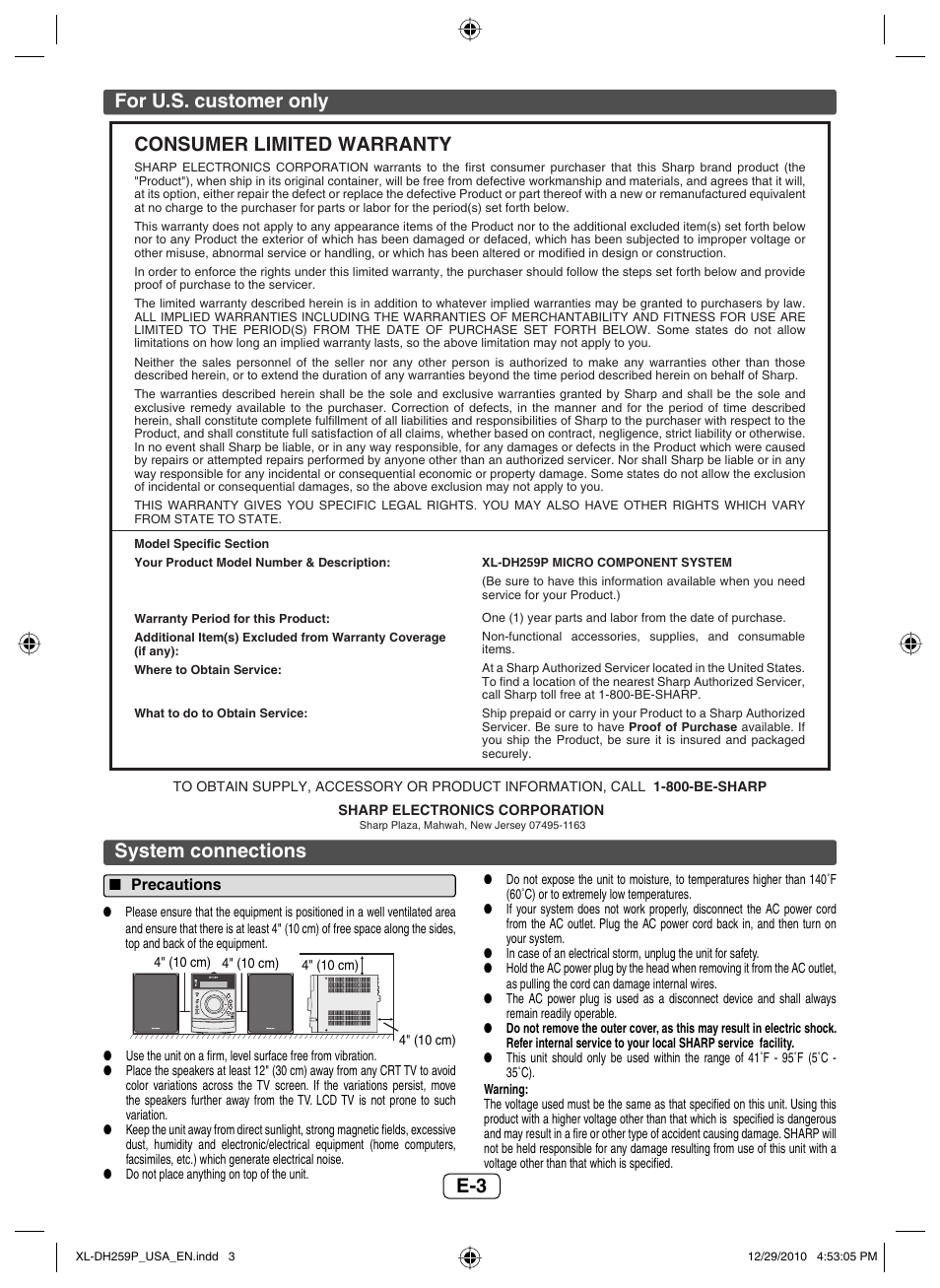 For u.s. customer only, System connections, Precautions | E-3 for u.s. customer only, Consumer limited warranty | Sharp XLDH259P User Manual | Page 4 / 16