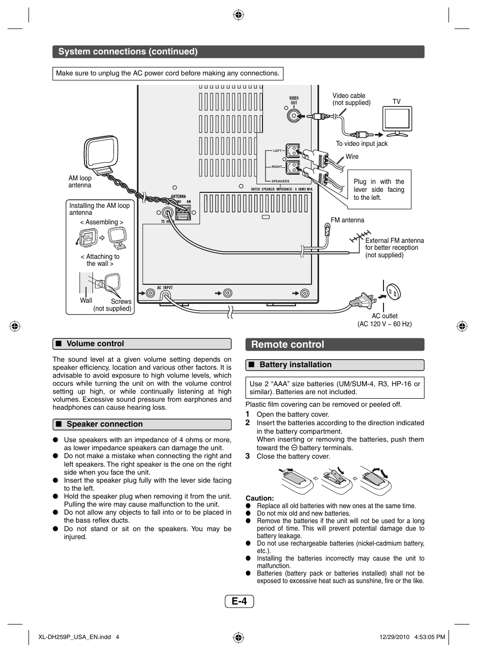 Volume control, Speaker connection, Remote control | Battery installation, System connections (continued) | Sharp XLDH259P User Manual | Page 5 / 16