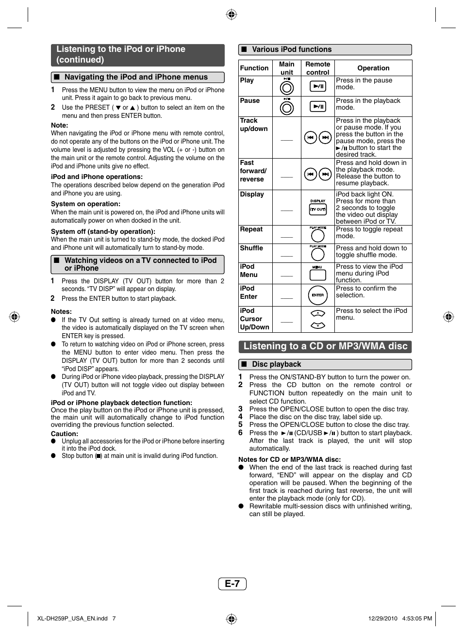 Navigating the ipod and iphone menus, Various ipod functions, Listening to a cd or mp3/wma disc | Disc playback, E-7 listening to a cd or mp3/wma disc, Listening to the ipod or iphone (continued) | Sharp XLDH259P User Manual | Page 8 / 16