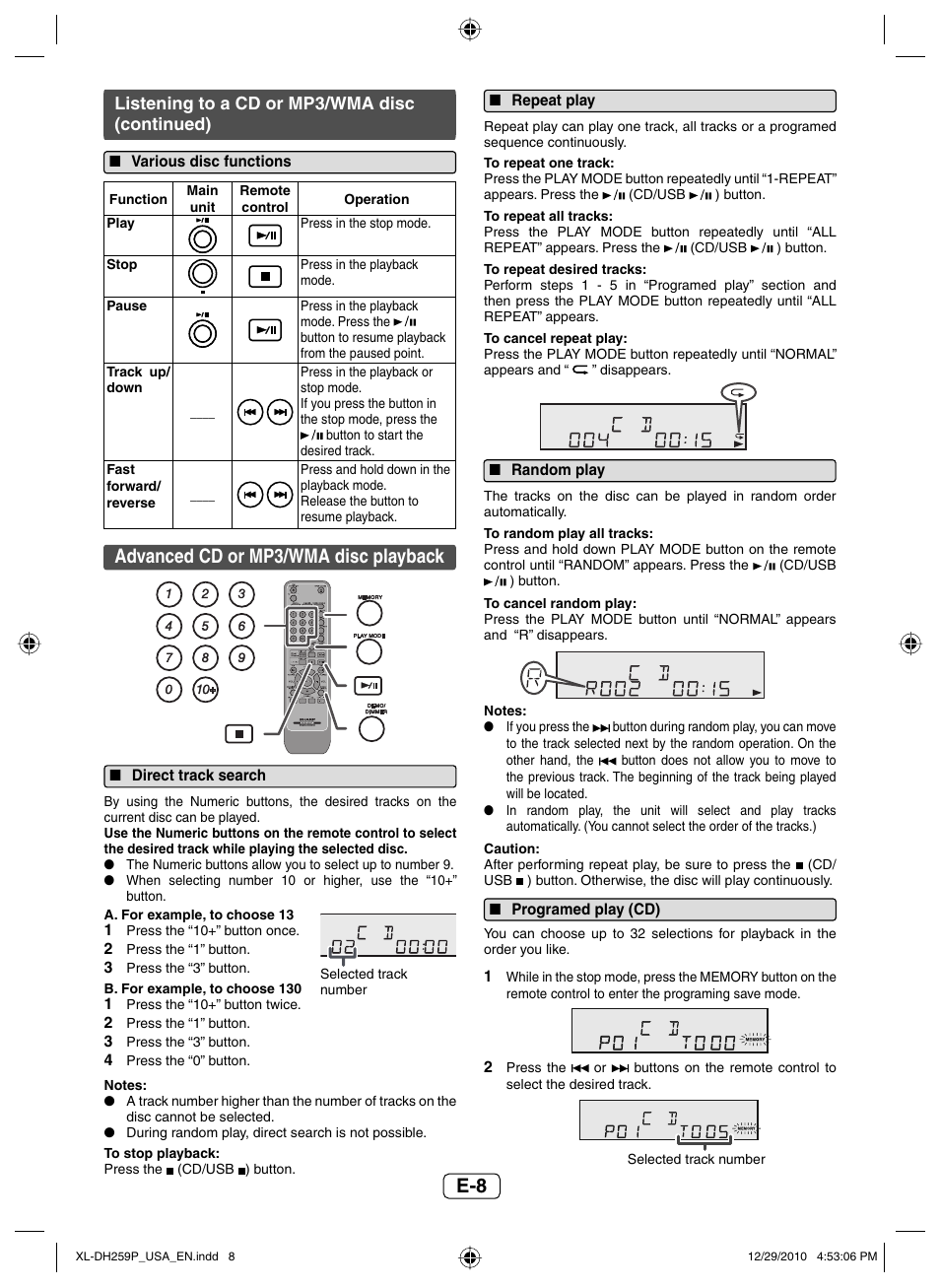 Various disc functions, Advanced cd or mp3/wma disc playback, Direct track search | Repeat play, Random play, Programed play (cd), Listening to a cd or mp3/wma disc (continued) | Sharp XLDH259P User Manual | Page 9 / 16