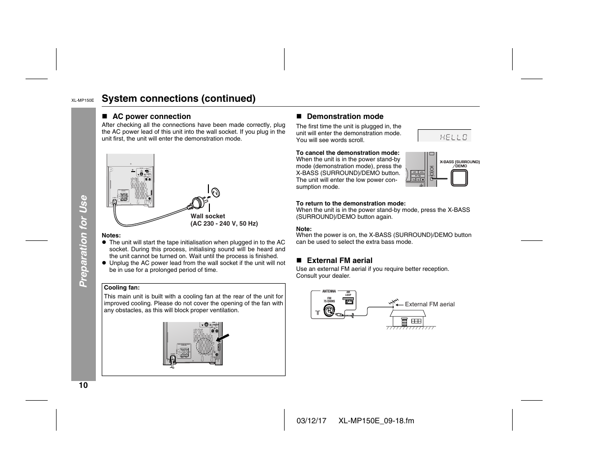 Preparation for use system connections (continued) | Sharp XL-MP150E User Manual | Page 10 / 48