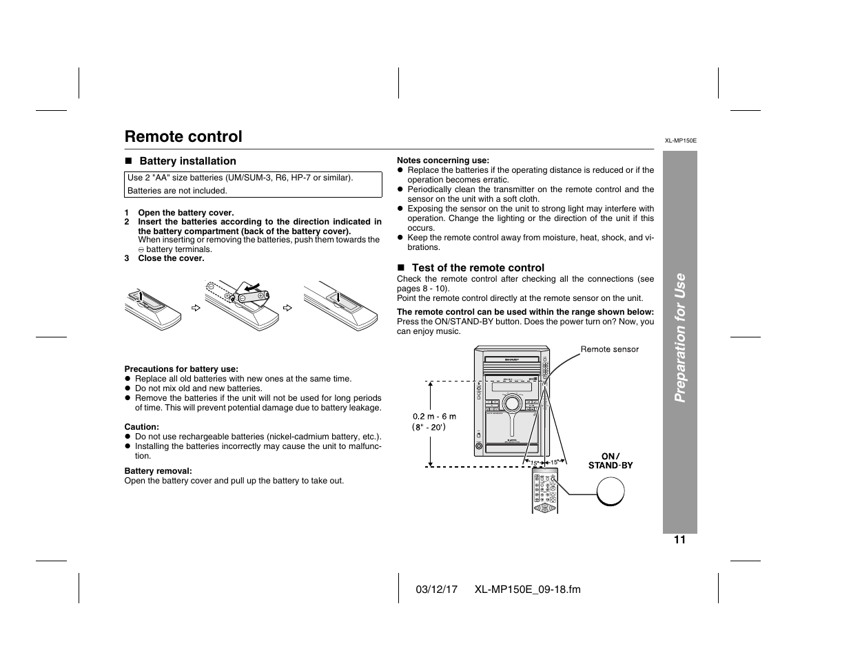 Remote control, Preparation for use | Sharp XL-MP150E User Manual | Page 11 / 48