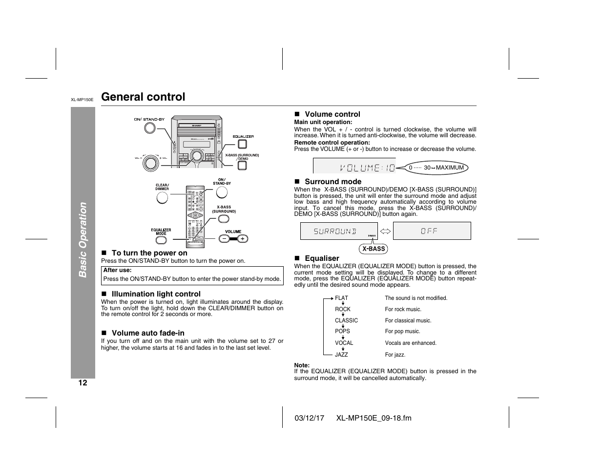 General control, Basic operation | Sharp XL-MP150E User Manual | Page 12 / 48