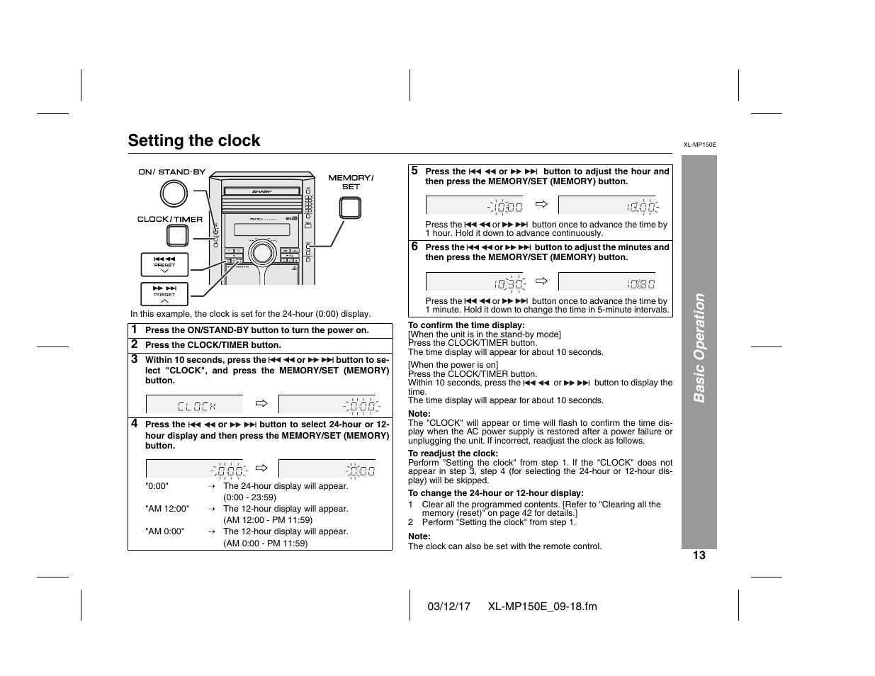 Setting the clock, Basic operation | Sharp XL-MP150E User Manual | Page 13 / 48