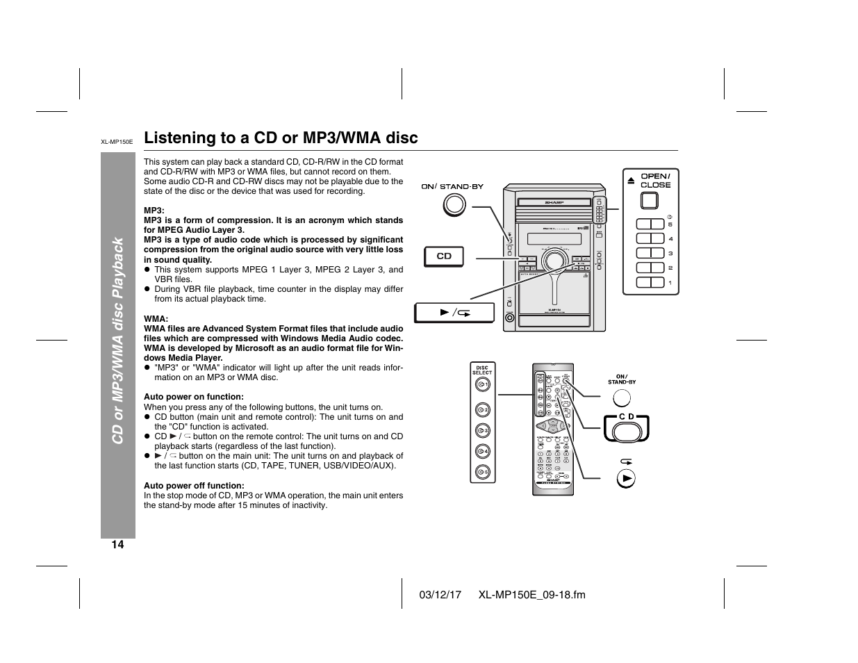 Listening to a cd or mp3/wma disc, Cd or mp3/wma disc playback | Sharp XL-MP150E User Manual | Page 14 / 48