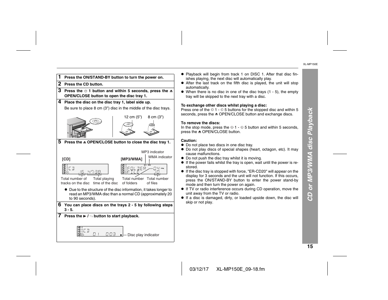 Cd or mp3/wma disc playback | Sharp XL-MP150E User Manual | Page 15 / 48