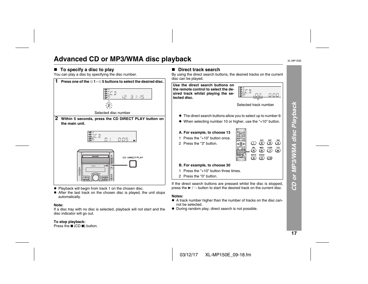 Advanced cd or mp3/wma disc playback, Cd or mp3/wma disc playback | Sharp XL-MP150E User Manual | Page 17 / 48