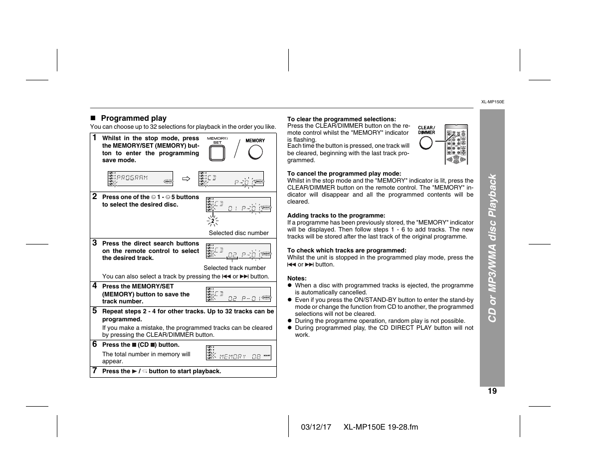 Cd or mp3/wma disc playback | Sharp XL-MP150E User Manual | Page 19 / 48