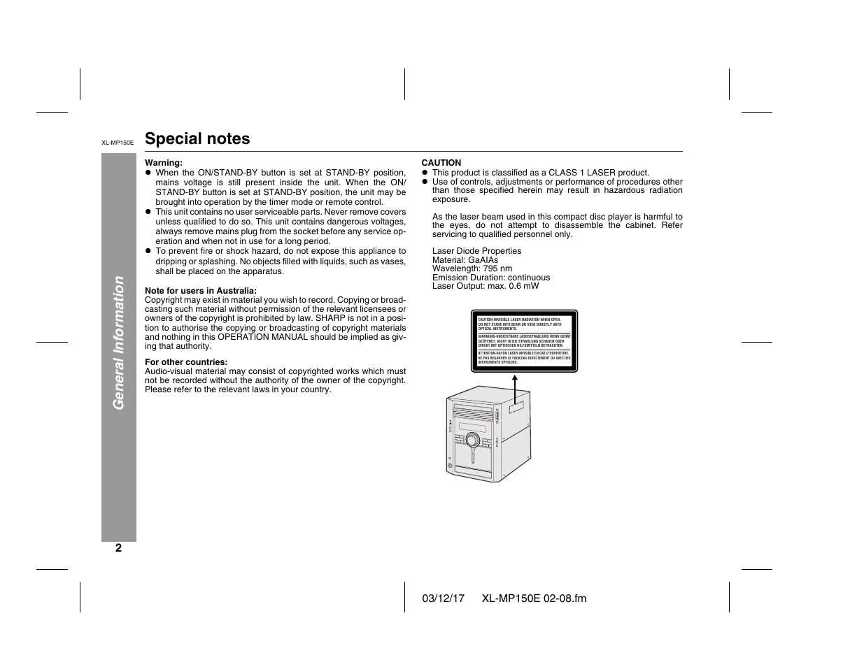 General information | Sharp XL-MP150E User Manual | Page 2 / 48