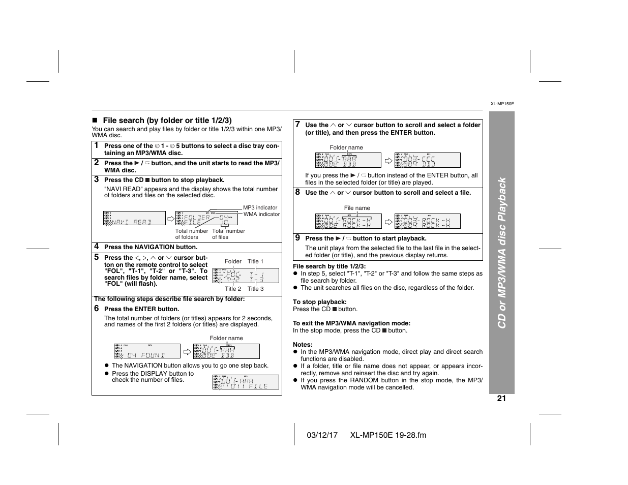 Cd or mp3/wma disc playback | Sharp XL-MP150E User Manual | Page 21 / 48