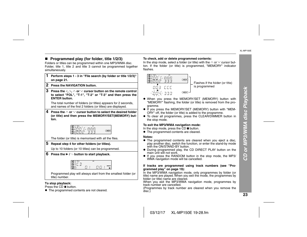 Cd or mp3/wma disc playback | Sharp XL-MP150E User Manual | Page 23 / 48