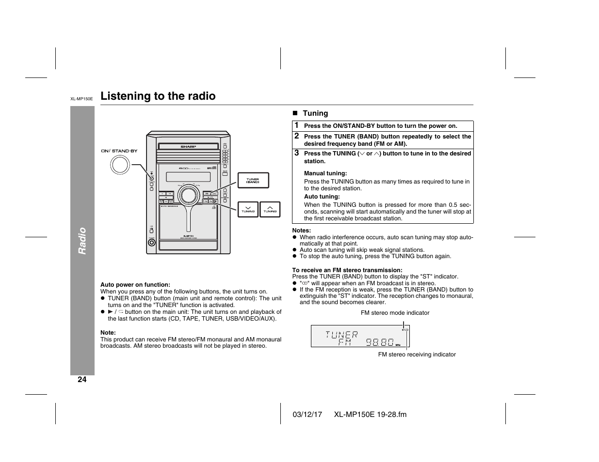 Listening to the radio, Radio | Sharp XL-MP150E User Manual | Page 24 / 48