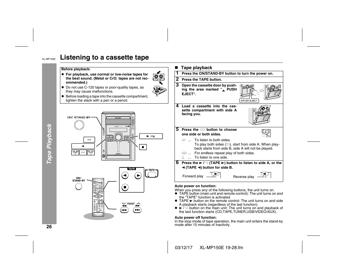 Listening to a cassette tape, Tape playback | Sharp XL-MP150E User Manual | Page 26 / 48