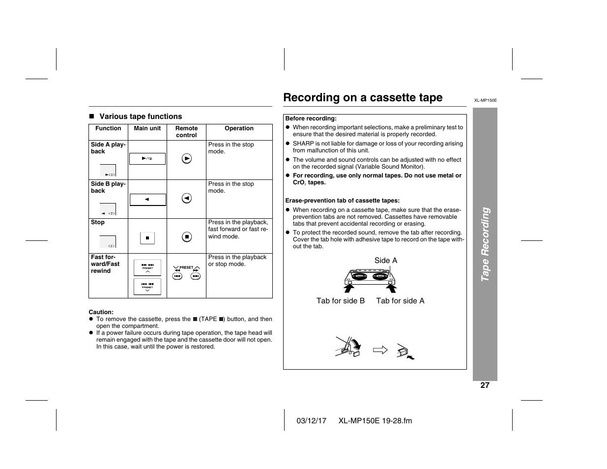 Recording on a cassette tape, Tape recording | Sharp XL-MP150E User Manual | Page 27 / 48