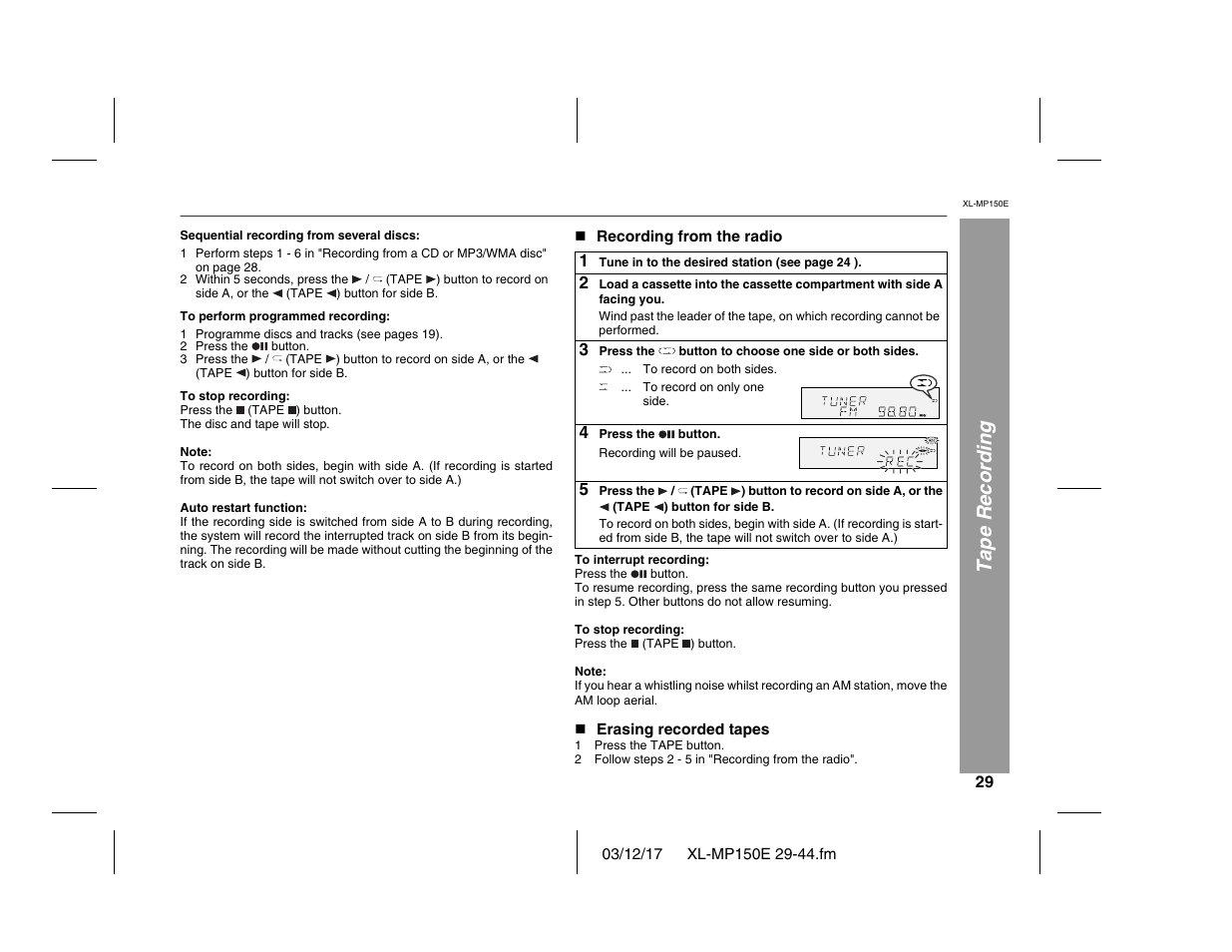 Tape recording | Sharp XL-MP150E User Manual | Page 29 / 48