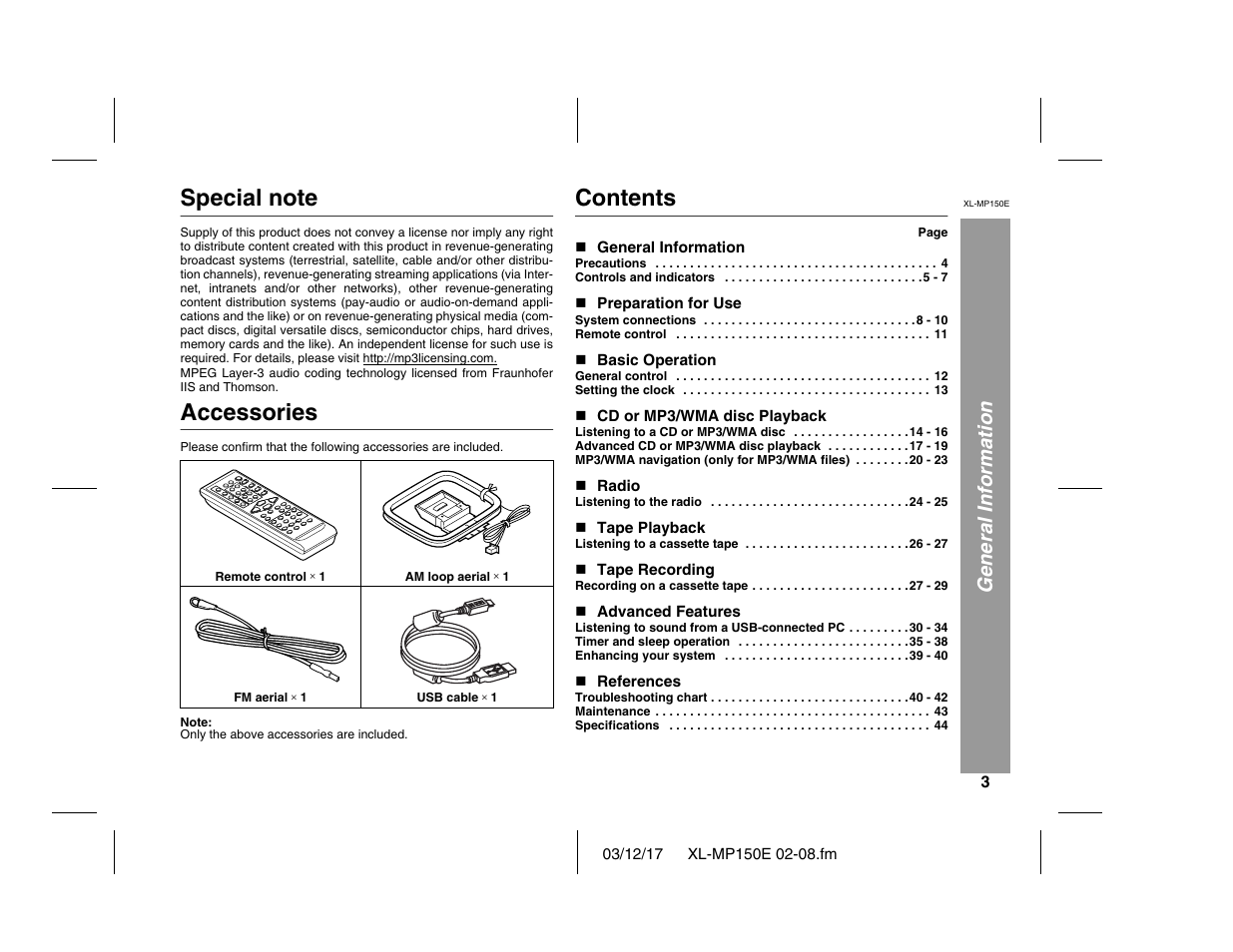 Sharp XL-MP150E User Manual | Page 3 / 48