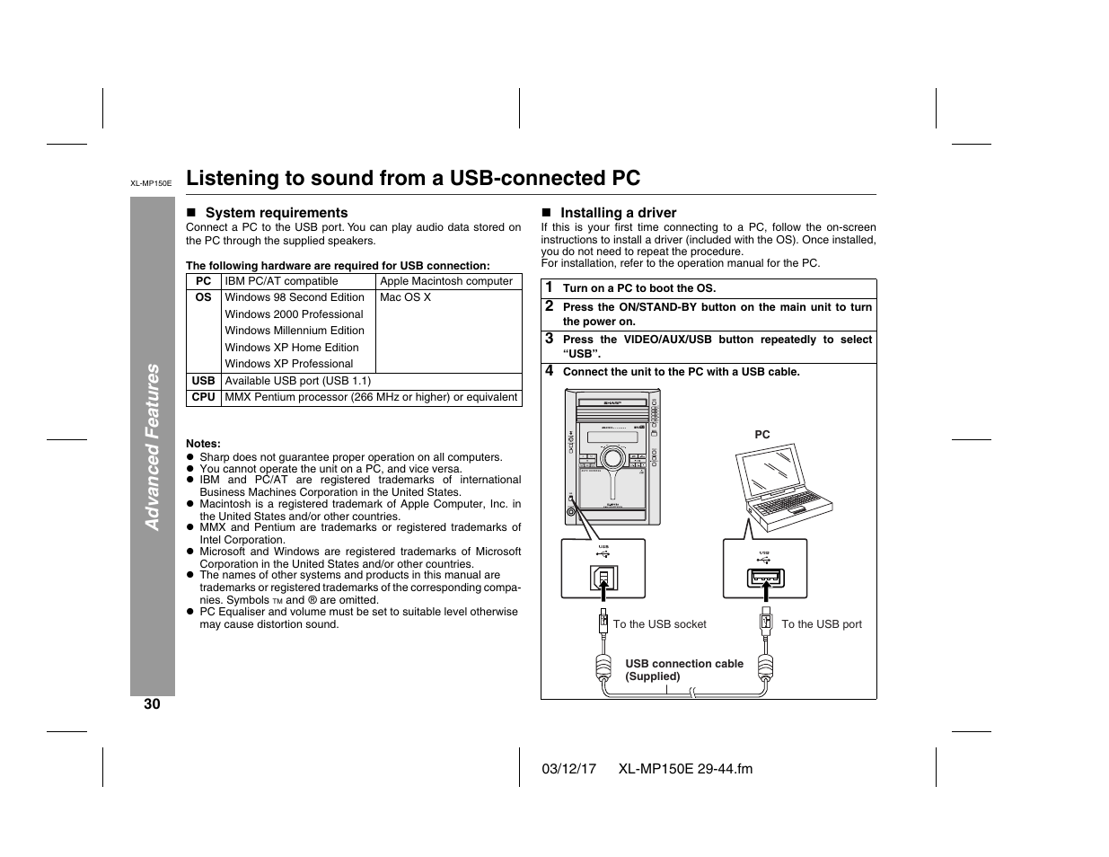 Listening to sound from a usb-connected pc, Advanced features | Sharp XL-MP150E User Manual | Page 30 / 48