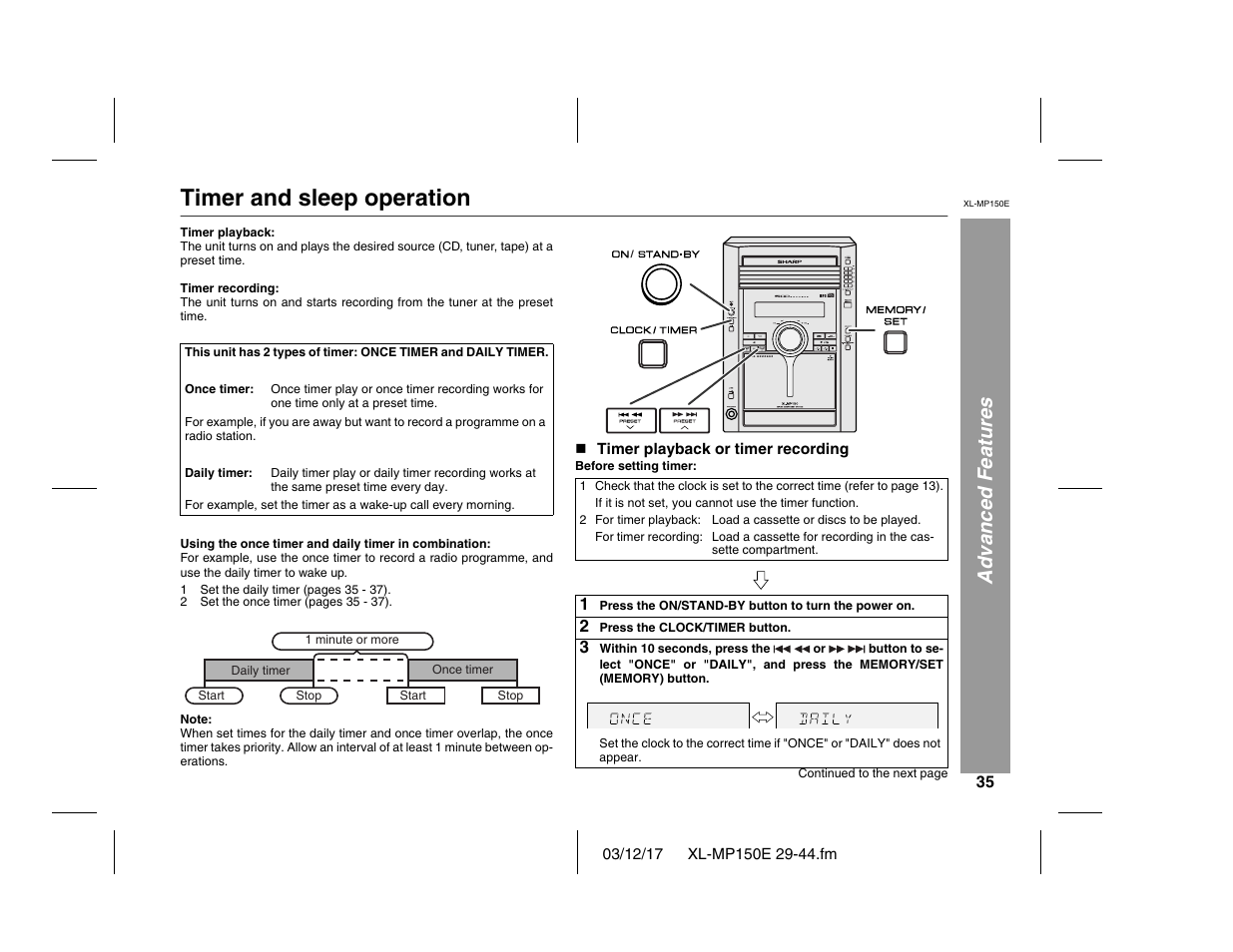 Timer and sleep operation, Advanced features | Sharp XL-MP150E User Manual | Page 35 / 48