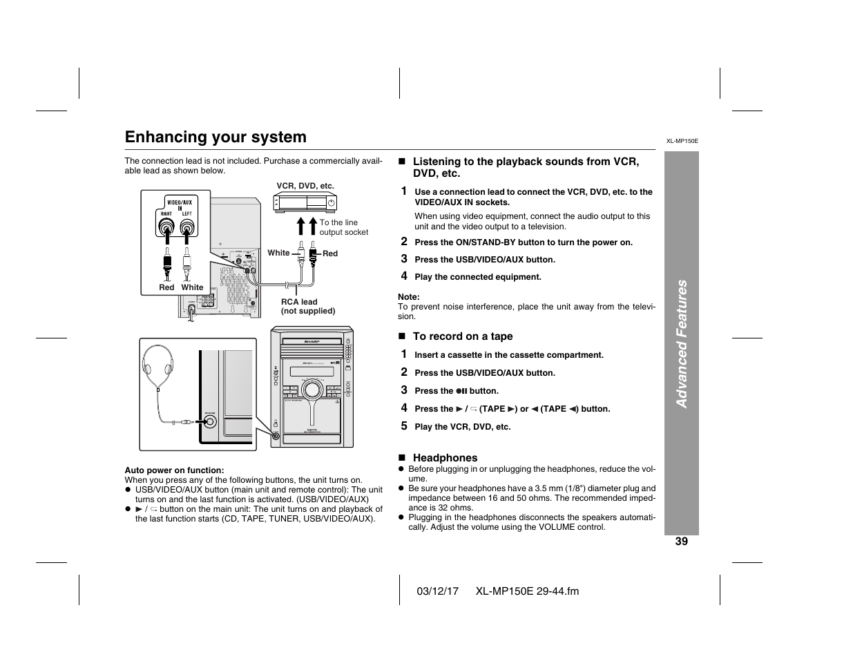 Enhancing your system, Advanced features | Sharp XL-MP150E User Manual | Page 39 / 48