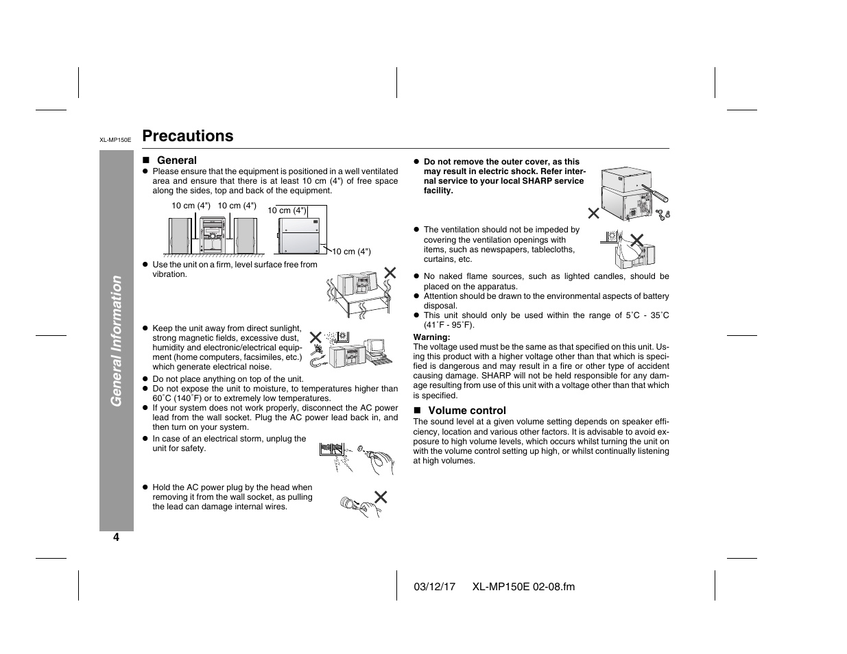 Precautions, General information | Sharp XL-MP150E User Manual | Page 4 / 48