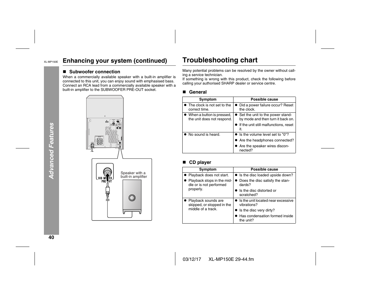 Troubleshooting chart, Rated speaker impedance: 6 ohms min, Right | Right left fm 75 ohms am loop, Subwoofer pre-out, Left | Sharp XL-MP150E User Manual | Page 40 / 48