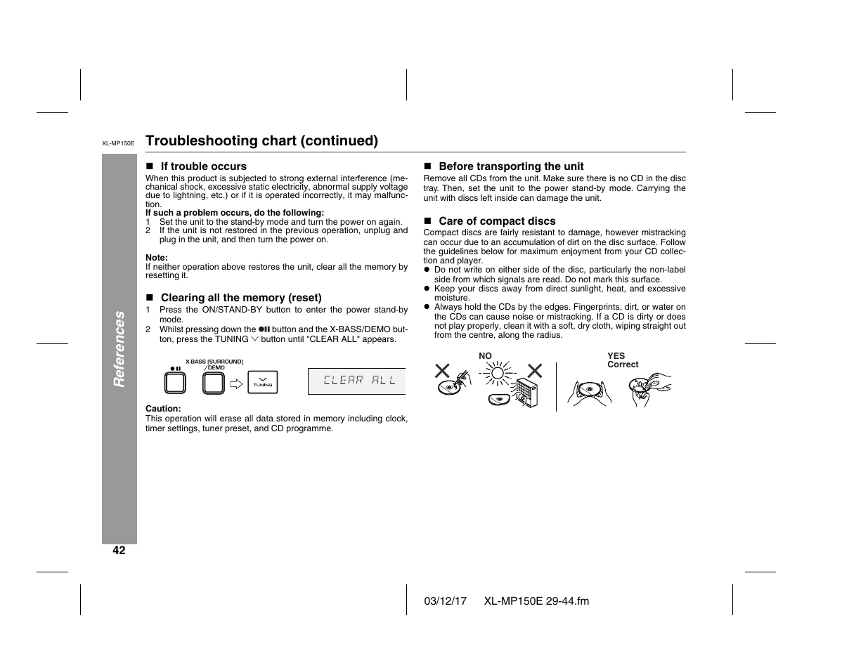 References troubleshooting chart (continued) | Sharp XL-MP150E User Manual | Page 42 / 48