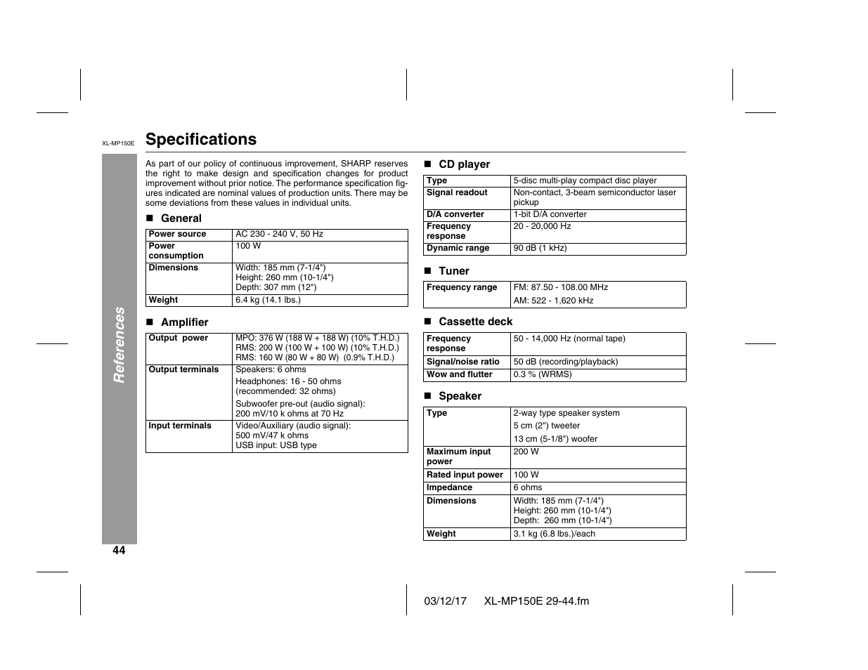 Specifications, References | Sharp XL-MP150E User Manual | Page 44 / 48