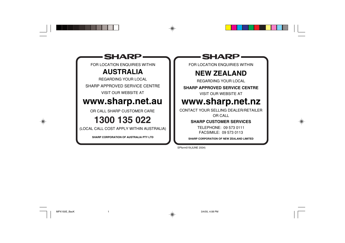 Australia, New zealand | Sharp XL-MP150E User Manual | Page 47 / 48