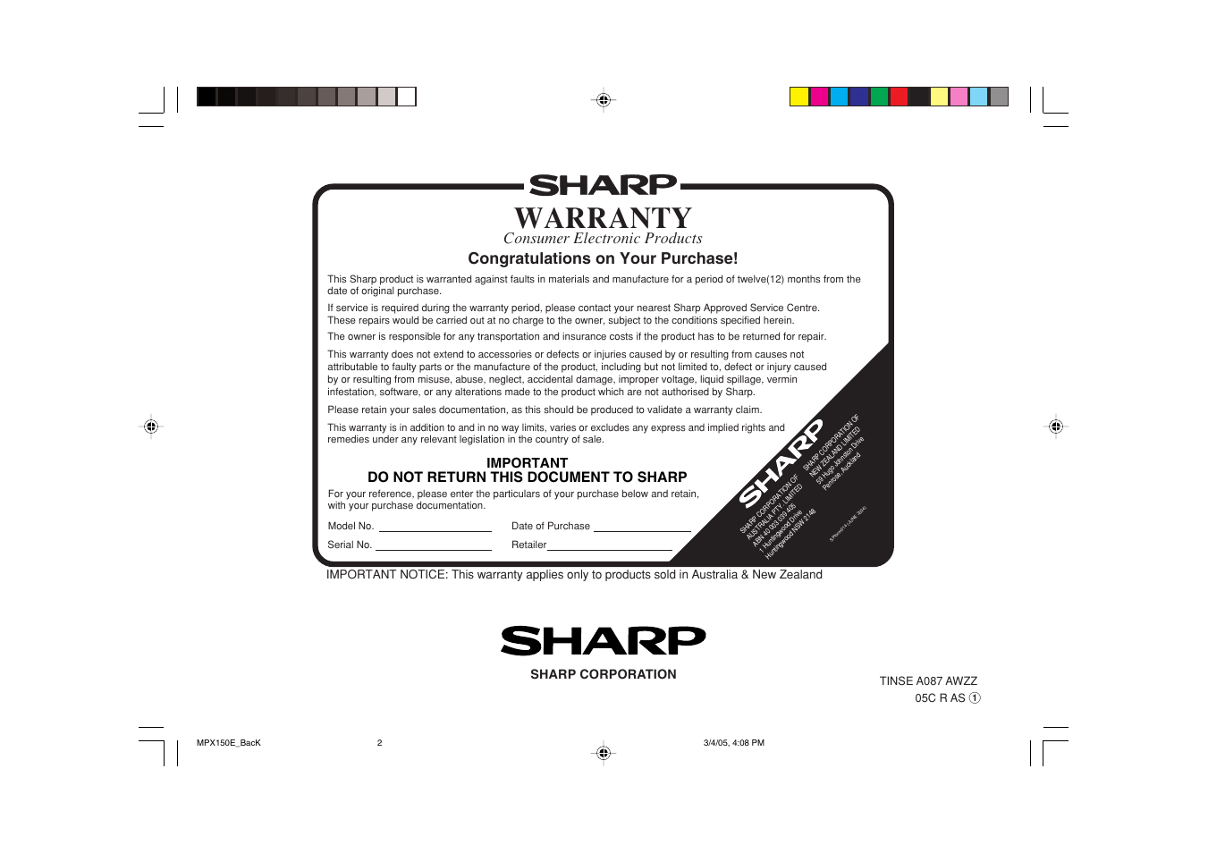 Warranty, Do not return this document to sharp | Sharp XL-MP150E User Manual | Page 48 / 48