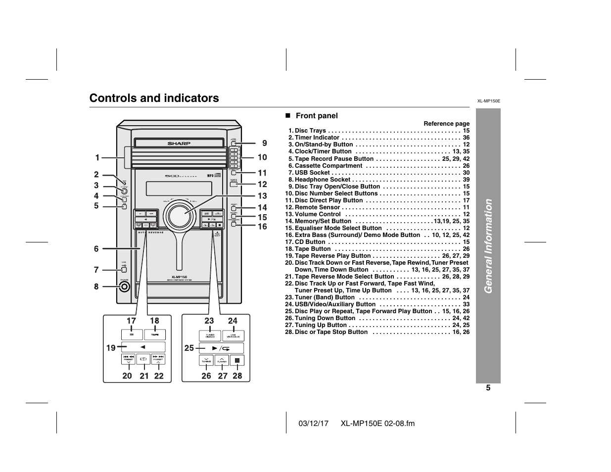 Controls and indicators, General information | Sharp XL-MP150E User Manual | Page 5 / 48