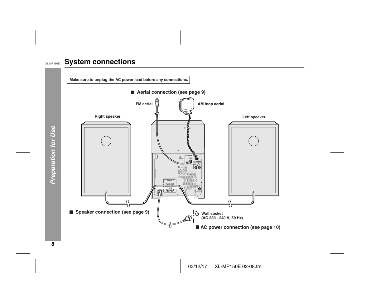 System connections, Preparation for use, Speaker connection (see page 9) | Sharp XL-MP150E User Manual | Page 8 / 48