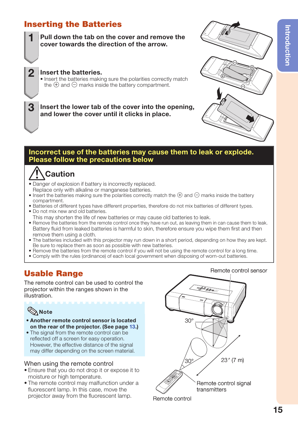 Inserting the batteries, Usable range, Inserting the batteries usable range | Caution | Sharp PG-D40W3D User Manual | Page 19 / 69