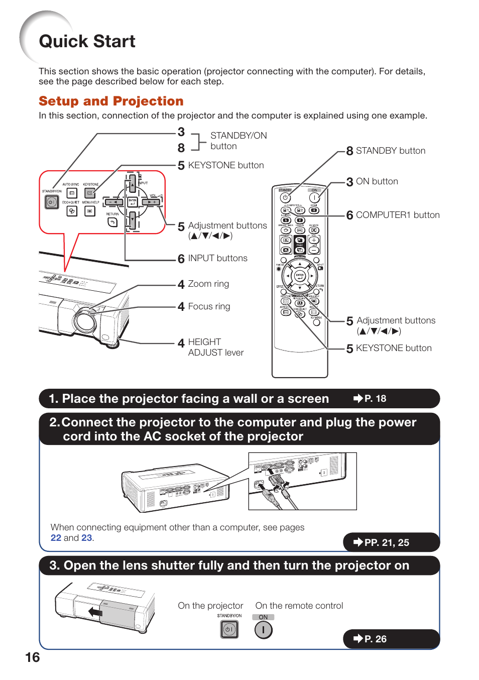 Quick start, Setup and projection | Sharp PG-D40W3D User Manual | Page 20 / 69