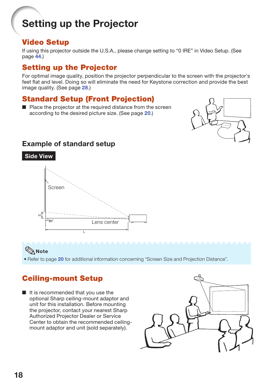 Setup, Setting up the projector, Video setup | Standard setup (front projection), Ceiling-mount setup, Example of standard setup | Sharp PG-D40W3D User Manual | Page 22 / 69