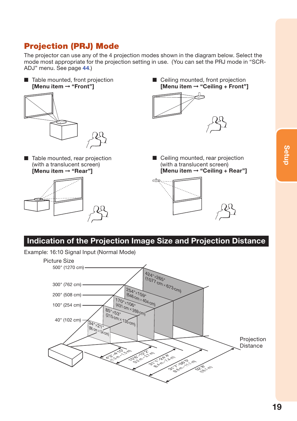 Projection (prj) mode, Setup | Sharp PG-D40W3D User Manual | Page 23 / 69