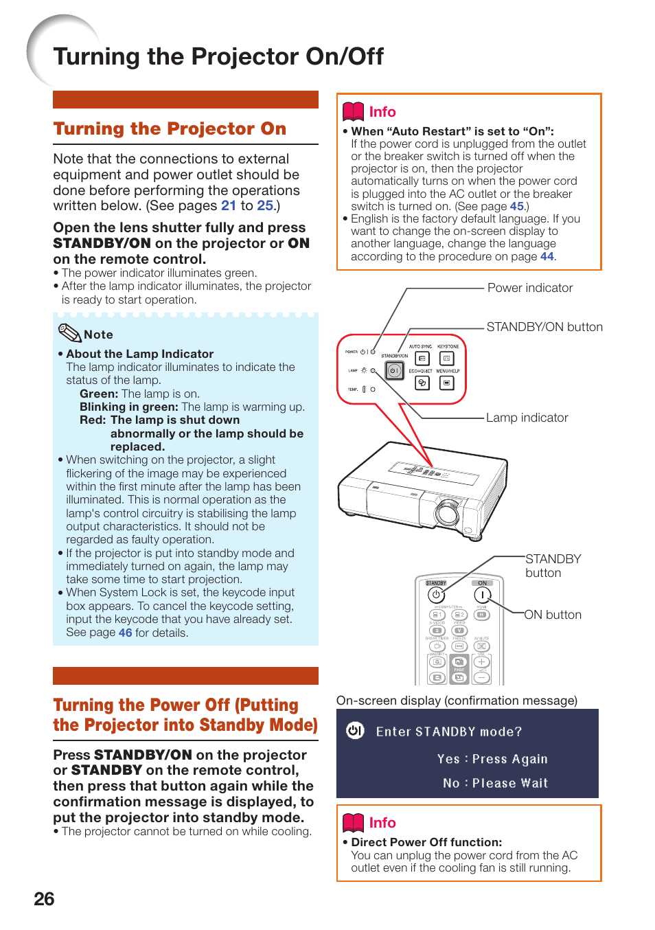 Basic operation, Turning the projector on/off, Turning the projector on | Basic, Operation, Projector into standby mode) | Sharp PG-D40W3D User Manual | Page 30 / 69