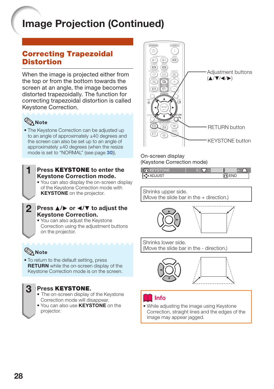 Correcting trapezoidal distortion, Image projection (continued) | Sharp PG-D40W3D User Manual | Page 32 / 69