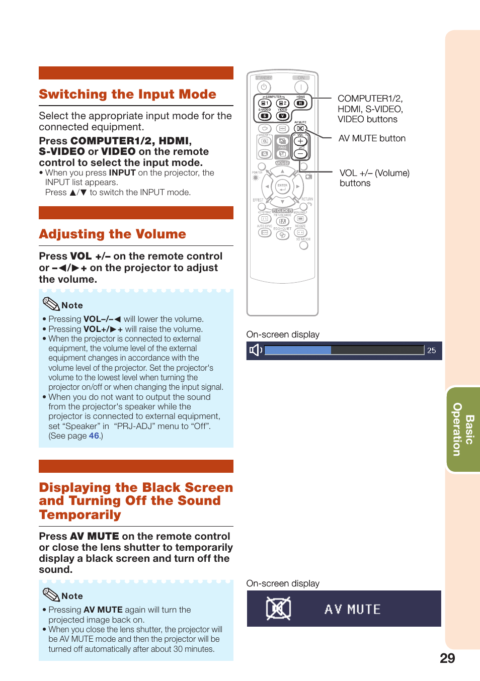 Switching the input mode, Adjusting the volume, Turning off the sound temporarily | Sharp PG-D40W3D User Manual | Page 33 / 69